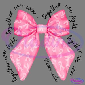 A pink bow featuring a pattern of smaller pink ribbons, a symbol for breast cancer awareness. The words "we remember, we fight, we win" are faintly written in a circular pattern around the bow.