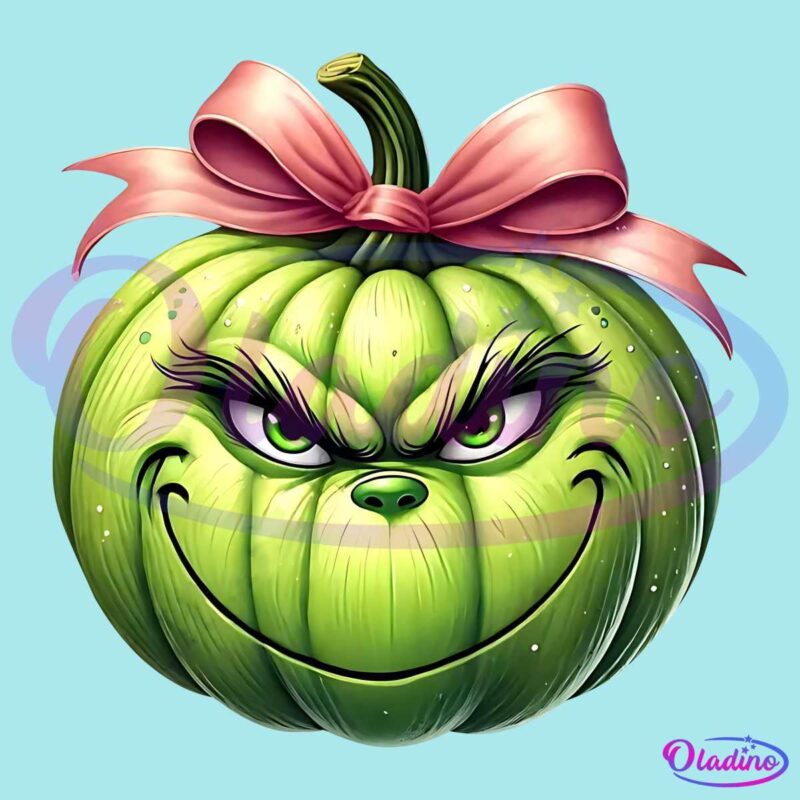 Pink Bow Grinch Face Pumpkin PNG