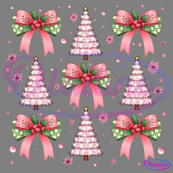 A pattern featuring alternating images of stylized pink and white Christmas trees, large pink bows with green polka-dotted ribbons, and clusters of pink stars and bubbles. The festive elements are arranged in rows against a black background.