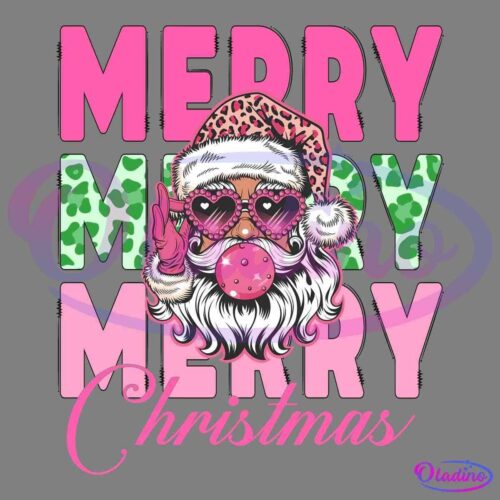 Illustration of Santa Claus wearing a leopard-print Santa hat and pink heart-shaped sunglasses, blowing a bubblegum bubble. The background displays the words "Merry Merry Merry Christmas" with the first two "Merry"s in pink and green camouflage, and the rest in pink text.