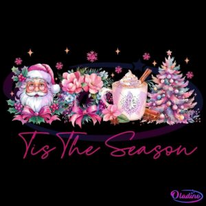 Festive illustration with a Santa head, holiday wreath, floral arrangement, cup of hot chocolate with whipped cream, and a decorated Christmas tree. Pink text reads "Tis the Season" underneath. Snowflakes and holly add to the cheerful holiday theme.