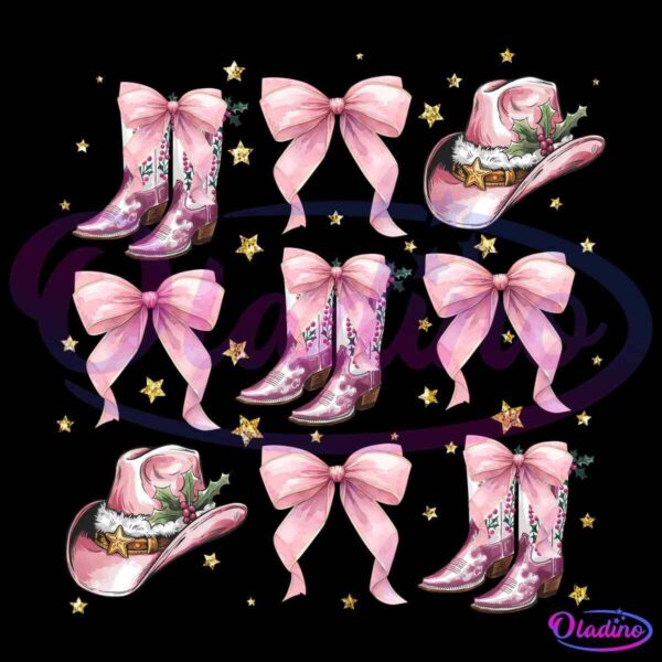 A repeating pattern featuring pink cowboy boots, wide pink bows, pink cowboy hats with holly decorations, and scattered gold stars against a black background. The items are arranged in a grid-like fashion, alternating between boots, bows, and hats.