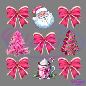 A festive collage featuring four large pink bows, Santa's face with a pink hat, a pink Christmas tree, a green and pink ribboned Christmas tree, and a striped pink mug of hot chocolate topped with whipped cream and a candy cane.