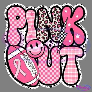 Pink Out" written in bold, decorative letters. The "P" has checkered pink-white pattern, "I" is striped, "N" has a leopard print, "K" is pink with stars, "O" is a football with a pink ribbon, and "UT" is checkered with a smiley face and lightning bolt.