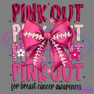 A graphic featuring the words "PINK OUT" repeated four times in pink patterns with a large pink bow and flowers overlaying them. At the bottom, the text reads "for breast cancer awareness." The background is black.