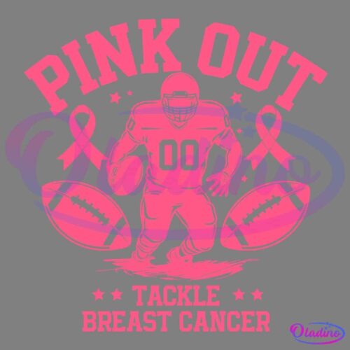 An illustration with a pink design features a football player with the number "00," flanked by two footballs and pink ribbons. The text reads, "PINK OUT TACKLE BREAST CANCER." The image promotes breast cancer awareness through a football theme.