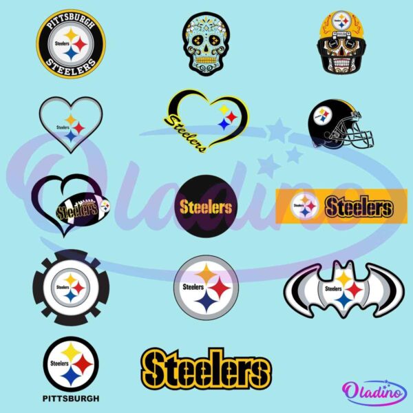 A collection of various Pittsburgh Steelers logos and designs. These include hearts with the logo, a skull with the logo as a mask, a bat-shaped logo, gear designs, and several text variations of "Steelers," all featuring the iconic logo with three diamond shapes.