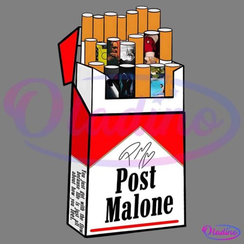 A cigarette pack with the lid open, revealing cigarettes whose filters display images of various Post Malone album covers. The pack is labeled "Post Malone" with a printed signature above the name. The design mimics a classic red and white cigarette pack.