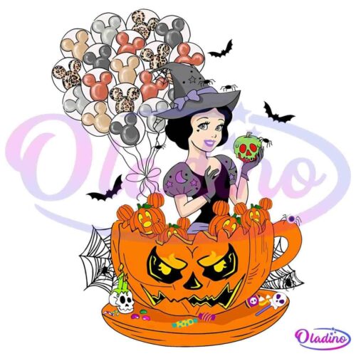 A woman dressed as a witch, holding a skull-shaped candy apple, stands inside a large pumpkin teacup filled with Halloween-themed treats. Behind her, there are balloons with various patterns, including animal prints and solid colors.