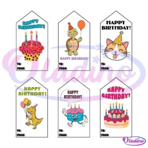 A set of six "Happy Birthday" graphics. Top row: cake with candles, turtle with a balloon, cat with a party hat. Bottom row: dinosaur with balloons, cupcake with candles, and cake with candles and strawberries. All with "Happy Birthday" text.