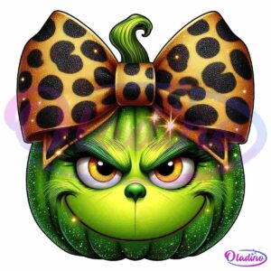 Pumpkin Grinch Head Glitter Leopard Coquette Bow PNG