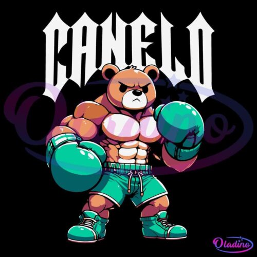 Illustration of a muscular bear with boxing gloves and sneakers, wearing green boxing shorts. The bear has an angry expression and is posed as a boxer ready to fight. The word "Canelo" is written in stylized white letters above its head.