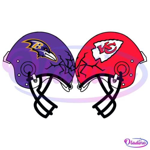 Illustration of two football helmets clashing head-to-head. The helmet on the left is gold with a Baltimore Ravens logo, while the one on the right is red with a Kansas City Chiefs logo. The impact is depicted with cracks radiating from the point of collision.