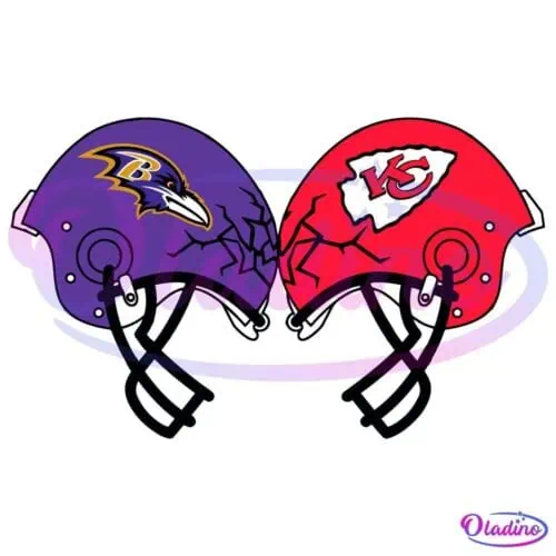 Illustration of two football helmets clashing head-to-head. The helmet on the left is gold with a Baltimore Ravens logo, while the one on the right is red with a Kansas City Chiefs logo. The impact is depicted with cracks radiating from the point of collision.