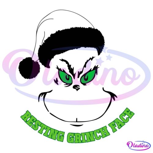 A black background image showing a silhouette of the Grinch's face with bright green eyes and a faint outline of a Santa hat. The text "RESTING GRINCH FACE" is written in a curved format below the face in green, block letters.