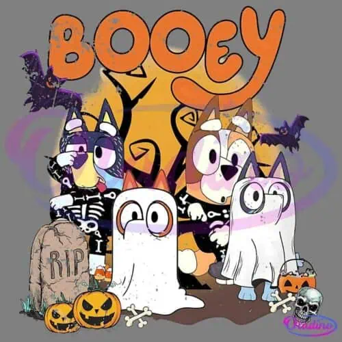 Illustration of four cartoon dogs dressed for Halloween with a spooky tree and bats in the background. One dog is wearing a skeleton costume, another as a pumpkin, and two are dressed as ghosts. There are pumpkins, a skull, and a tombstone that says "R.I.P." in the scene.