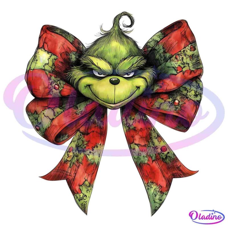 Retro Christmas Coquette Grinch Head Bow PNG