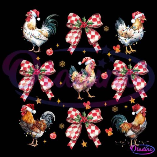 Festive black background featuring six roosters wearing Santa hats and Christmas lights, alternating with red and white checkered bows with holly. Scattered golden stars, snowflakes, and ornaments add to the holiday theme.