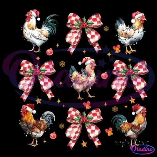 Festive black background featuring six roosters wearing Santa hats and Christmas lights, alternating with red and white checkered bows with holly. Scattered golden stars, snowflakes, and ornaments add to the holiday theme.