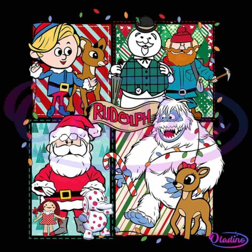 A festive illustration featuring various characters from "Rudolph the Red-Nosed Reindeer." It includes a boy with blond hair, Rudolph, a snowman, a bearded man, Santa Claus, an abominable snowman, and a doe, surrounded by candy canes and Christmas lights.