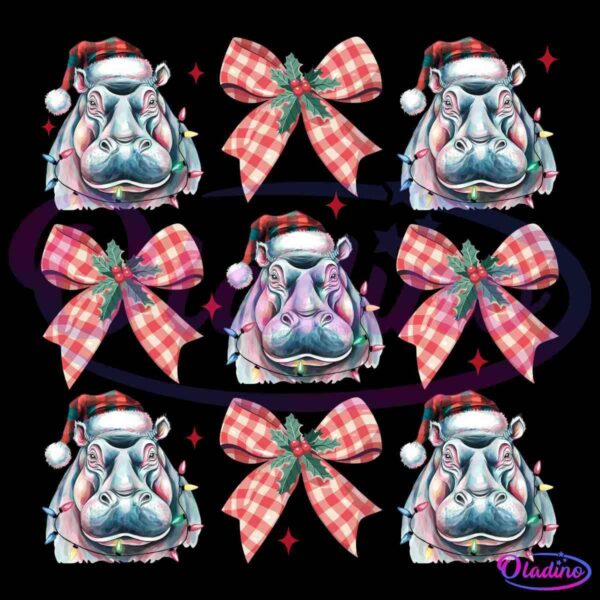 Pattern featuring hippos wearing Santa hats, alternating with red and white plaid bows decorated with holly and green leaves. The design has a festive and humorous Christmas theme on a black background.