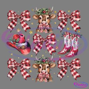 A festive collage featuring two cows wearing holiday wreaths, red and white cowboy boots, a decorated cowboy hat, and multiple red plaid bows. Small gold stars are scattered throughout the black background.