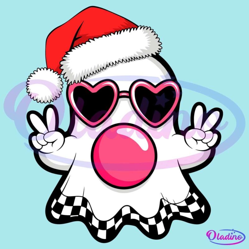 Retro Cute Checkered Ghost Blowing Bubbles Christmas Santa Hat SVG