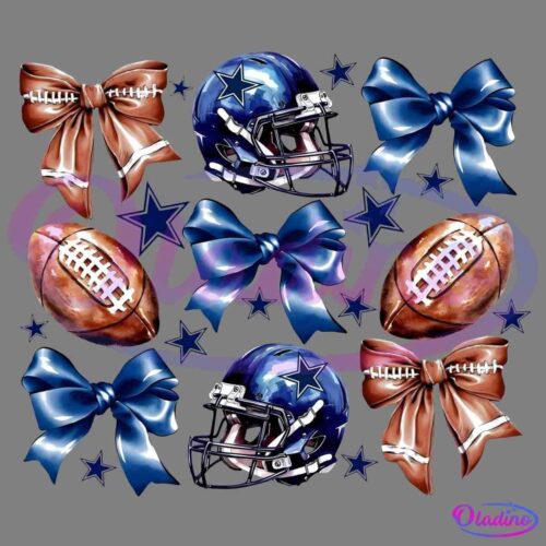 An arrangement of items including football helmets with star logos, brown and blue bows, footballs, and navy blue stars. The colors primarily include shades of blue and brown, with the items symmetrically distributed across the image.