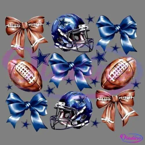 An arrangement of items including football helmets with star logos, brown and blue bows, footballs, and navy blue stars. The colors primarily include shades of blue and brown, with the items symmetrically distributed across the image.