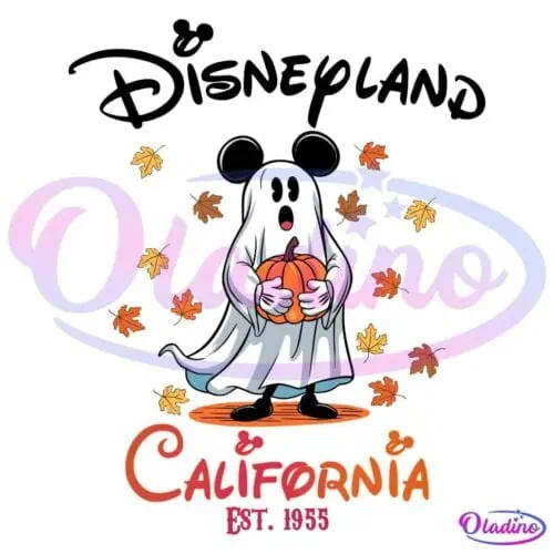 A cartoon ghost wearing mouse ears and holding a pumpkin stands on an orange circle. Autumn leaves float around the ghost. Below, the text reads "California Est. 1955" in red and orange letters.