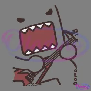 A cartoon character with a large, open mouth showing sharp teeth, playing an electric guitar. The character has a square-shaped head and angular features, drawn in a simple, stylized manner with dark outlines.