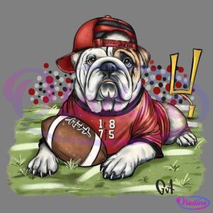 A cartoon bulldog lounges on grass, wearing a backward red cap and a red sports jersey labeled "1875." It holds a football with one paw and is positioned near a yellow goalpost, with a blurred crowd in the background.