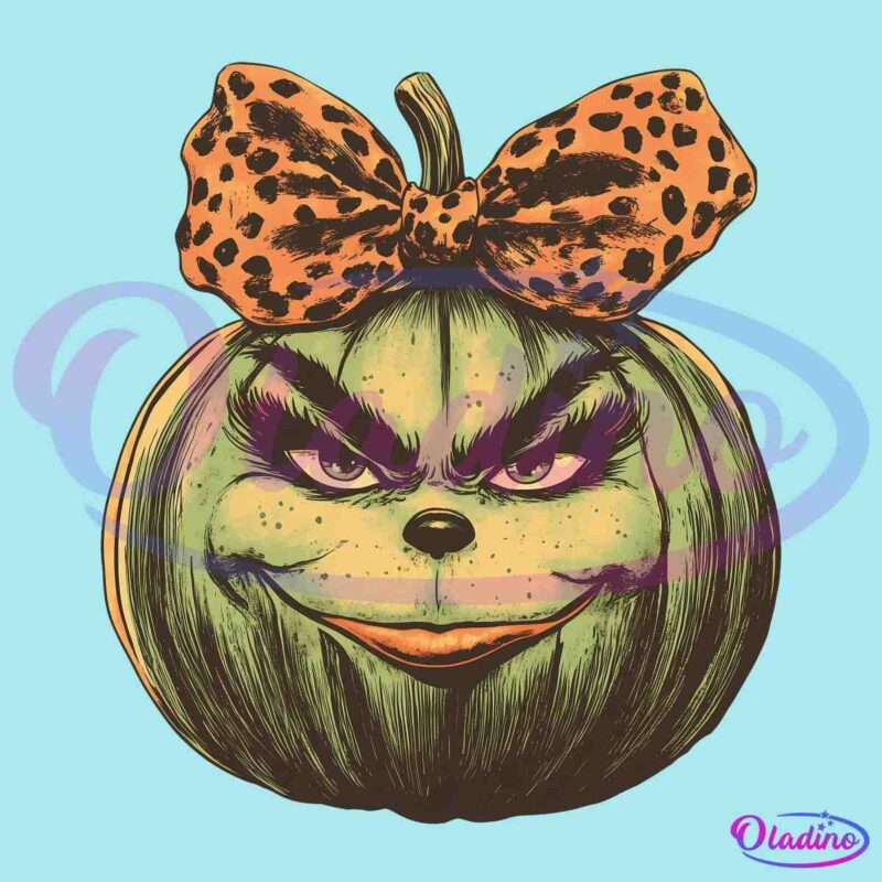 Retro Grinch Pumpkin Face Leopard Coquette Bow PNG