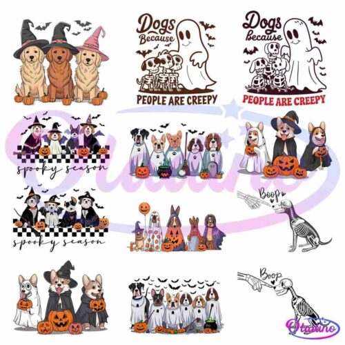 Retro Halloween Ghost Dog Skeleton Dog Spooky Season PNG Bundle