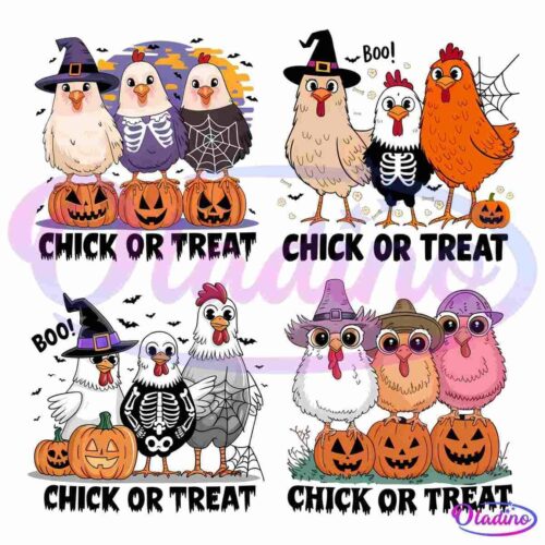 Four illustrations of cartoon chickens in various Halloween costumes. Top left: chickens in witch hats with pumpkins. Top right: chickens in skeleton and pumpkin costumes. Bottom left: chickens in wizard hats with pumpkins. Bottom right: chickens in fall attire with pumpkins.