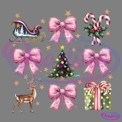 An image features festive Christmas-themed illustrations on a black background. It includes a decorated Christmas tree, a sleigh, a reindeer, candy canes with holly, a green gift box with a red ribbon, and five pink bows sprinkled with small stars.