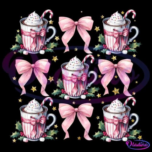 A festive pattern featuring pink and white striped cups of hot cocoa topped with whipped cream, candy canes, and sprinkles. The cups are arranged with pink bows, holly leaves, and golden stars on a black background.