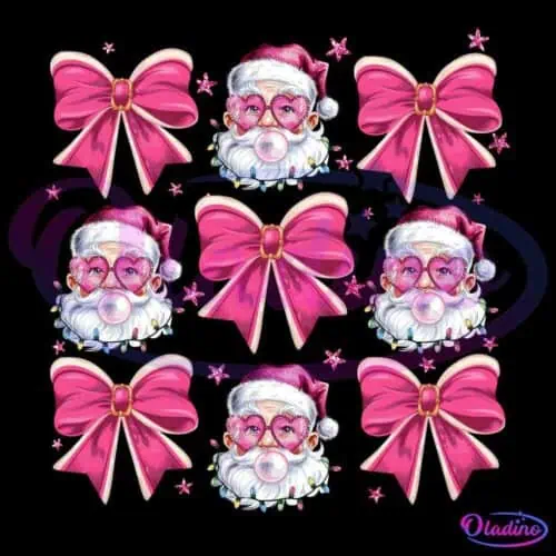 A festive pattern featuring alternating images of Santa Claus blowing a bubblegum bubble and large pink bows with small pink stars scattered around. Santa wears a pink hat, pink heart-shaped glasses, and his beard is adorned with Christmas lights.