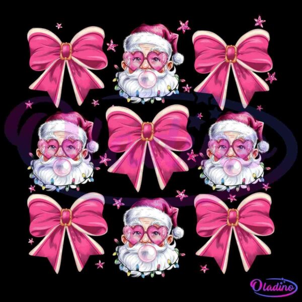 A festive pattern featuring alternating images of Santa Claus blowing a bubblegum bubble and large pink bows with small pink stars scattered around. Santa wears a pink hat, pink heart-shaped glasses, and his beard is adorned with Christmas lights.