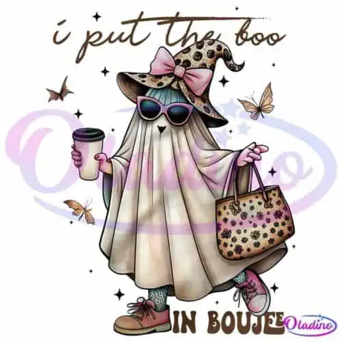 A stylish ghost wearing a leopard-print witch hat, large pink bow, sunglasses, holding a coffee cup and a leopard-print handbag. The text reads "I put the boo in boujee" at the top, and "IN BOUJEE" at the bottom. Butterflies are fluttering around.