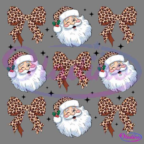 A pattern featuring alternating images of Santa Claus heads and leopard print bows on a black background. Santa is smiling, wearing a leopard print hat with a white fluffy trim. The bows are detailed with multiple loops and ribbon tails.