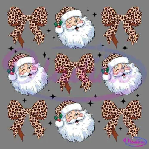 A pattern featuring alternating images of Santa Claus heads and leopard print bows on a black background. Santa is smiling, wearing a leopard print hat with a white fluffy trim. The bows are detailed with multiple loops and ribbon tails.