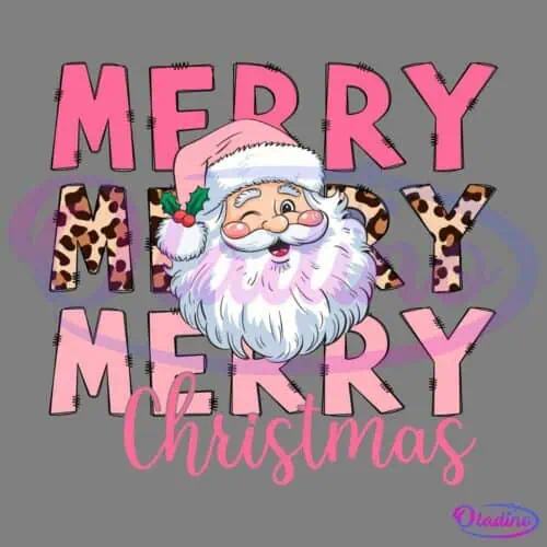 Merry Merry Merry Christmas" text with a jolly Santa Claus face in the center. The word "Merry" is repeated three times in different pink and leopard print patterns, with "Christmas" written in a script font at the bottom.