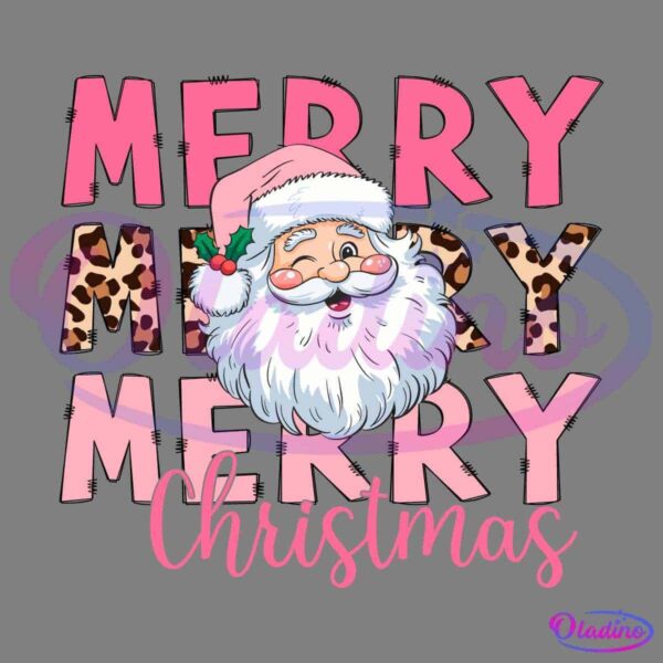 Merry Merry Merry Christmas" text with a jolly Santa Claus face in the center. The word "Merry" is repeated three times in different pink and leopard print patterns, with "Christmas" written in a script font at the bottom.