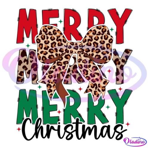 Text "Merry Merry Merry" is repeated three times, with each "Merry" in a different color: red, leopard print, and green. A large leopard print bow with a brown accent is at the center, overlaying the text, and a few small stars are scattered around.