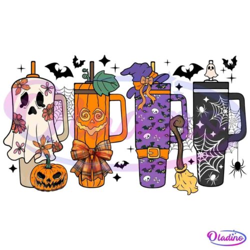 Four Halloween-themed drinking mugs are displayed. They are decorated as follows: a ghost with flowers, an orange pumpkin with a bow, a purple witch’s hat with skulls, and a black cup with spider webs and a ghost on top. Each has a matching straw.