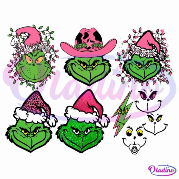 Retro Pink Christmas Grinch Head And Face Western Grinchmas SVG PNG Bundle