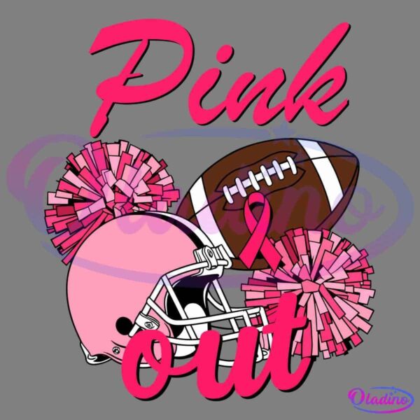 Illustration featuring the words "Pink Out" in bold, pink text. The image includes a pink football helmet, pink pom-poms, a brown football, and a pink ribbon. The elements are arranged against a black backdrop with “out” written at the bottom.