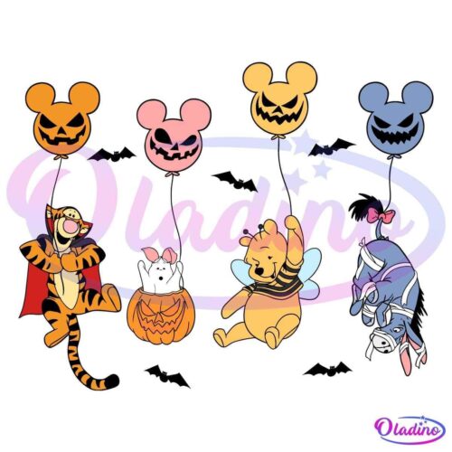 Halloween-themed illustration featuring Tigger in a vampire costume, Piglet in a pumpkin, Winnie the Pooh dressed as a bee, and Eeyore in a donkey costume, all with Mickey Mouse-shaped Halloween balloons above their heads.