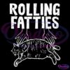An illustration of a chubby cat lying on its side with its eyes closed, being petted by two hands from above. Above the image is the bold, distressed text "ROLLING FATTIES.